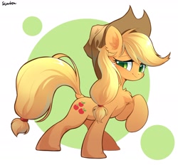 Size: 2048x1899 | Tagged: safe, artist:sione29031414, imported from derpibooru, applejack, earth pony, pony, applejack's hat, blushing, chest fluff, cowboy hat, cute, ear fluff, female, freckles, hat, jackabetes, looking at you, mare, raised hoof, signature, simple background, smiling, smiling at you, solo, white background