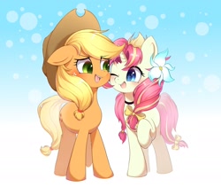 Size: 2048x1726 | Tagged: safe, artist:sione29031414, imported from derpibooru, applejack, oc, earth pony, pony, unicorn, applejack's hat, blushing, bow, bubble, cowboy hat, cute, duo, eyebrows, eyebrows visible through hair, female, floppy ears, flower, flower in hair, freckles, gradient background, hair bow, hat, jackabetes, looking at each other, looking at someone, mare, ocbetes, one eye closed, open mouth, raised hoof, sparkly eyes, tail, tail bow, wingding eyes
