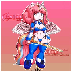 Size: 2048x2048 | Tagged: safe, artist:jisito, imported from derpibooru, oc, oc only, oc:nekonin, alicorn, anthro, arm hooves, armor, bandeau, breasts, castle in the clouds, clothes, collar, femboy, gradient background, high heels, male, not celestia, not princess celestia, panties, shoes, skimpy outfit, smiling, socks, solo, sword, thigh highs, thong, unconvincing armor, underwear, weapon