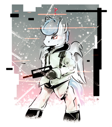 Size: 2200x2500 | Tagged: safe, artist:chaosmauser, imported from derpibooru, oc, oc only, oc:file folder, pegasus, semi-anthro, assault rifle, clothes, famas, gun, jacket, male, metal gear solid, rifle, solo, stallion, weapon