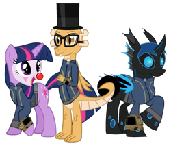 Size: 1551x1320 | Tagged: safe, artist:ponygamer2020, derpibooru exclusive, imported from derpibooru, oc, oc only, oc:myoozik the dragon, oc:twi clown, oc:w. rhinestone eyes, changeling, dragon, pony, unicorn, fallout equestria, bat wings, blue changeling, blue eyes, brown eyes, changeling oc, claws, clothes, clown, clown nose, crossed arms, dragon oc, dragon wings, fallout, female, folded wings, glasses, group, hair, happy, hat, horn, jumpsuit, male, non-pony oc, not twilight sparkle, open mouth, open smile, pipboy, raised hoof, red nose, shirt, simple background, smiling, tail, top hat, transparent background, trio, vault suit, vector, wings