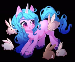 Size: 2048x1713 | Tagged: safe, artist:sione29031414, imported from derpibooru, izzy moonbow, pony, rabbit, unicorn, 2021, :p, animal, black background, chest fluff, cute, female, g5, izzybetes, mare, old art, simple background, solo, tongue out