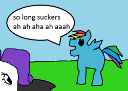 Size: 608x433 | Tagged: safe, artist:mudlove2, imported from derpibooru, rainbow dash, rarity, pegasus, pony, 1000 hours in ms paint, cropped, duo, grass, insult, laughing, mocking, mud, quality, shitposting, stylistic suck