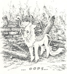 Size: 963x1065 | Tagged: safe, artist:adeptus-monitus, imported from derpibooru, kirin, ashamed, cloven hooves, fire, ink drawing, leonine tail, looking away, monochrome, oops, ruins, solo, standing, tail, traditional art