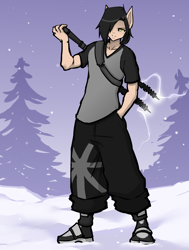 Size: 3356x4444 | Tagged: safe, artist:hayakain, imported from derpibooru, oc, oc only, oc:kurt marek (electro-crit), anthro, amp, electricity, hair over one eye, snow, snowfall, solo