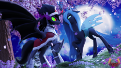 Size: 3840x2160 | Tagged: safe, artist:loveslove, imported from derpibooru, king sombra, queen chrysalis, changeling, changeling queen, pony, unicorn, 3d, 4k, bat wings, blurry background, cherry blossoms, chrysombra, duo, duo male and female, female, flower, flower blossom, high res, horn, insect wings, looking at each other, looking at someone, male, mare, moon, shipping, smiling, spread wings, stallion, straight, tail, tree, wings