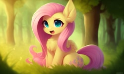 Size: 1280x768 | Tagged: safe, generator:ponydiffusion, imported from derpibooru, fluttershy, pegasus, pony, ai content, ai generated, chest fluff, cute, folded wings, forest background, generator:purplesmart.ai, generator:stable diffusion, green eyes, looking at you, open mouth, pink hair, shyabetes, sitting, solo, wings