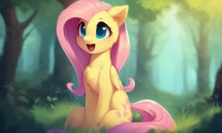 Size: 1280x768 | Tagged: safe, generator:ponydiffusion, imported from derpibooru, fluttershy, pegasus, pony, ai content, ai generated, chest fluff, cute, folded wings, forest background, generator:purplesmart.ai, generator:stable diffusion, green eyes, looking to the left, open mouth, pink hair, shyabetes, sitting, smiling, solo, wings