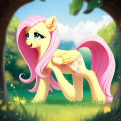 Size: 2048x2048 | Tagged: safe, imported from derpibooru, fluttershy, pegasus, pony, ai content, ai generated, female, full body, generator:purplesmart.ai, generator:stable diffusion, mare, nature, open mouth, side view, solo, walking