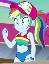 Size: 623x816 | Tagged: safe, edit, edited screencap, editor:incredibubbleirishguy, imported from derpibooru, screencap, rainbow dash, human, equestria girls, equestria girls series, spring breakdown, spoiler:eqg series (season 2), belly, belly button, bikini, cap, clothes, cropped, exposed belly, front knot midriff, hat, midriff, solo, swimsuit, swimsuit edit, tanktop