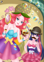 Size: 1000x1414 | Tagged: safe, artist:lord--opal, imported from derpibooru, pinkie pie, twilight sparkle, human, a photo booth story, eqg summertime shorts, equestria girls, bare shoulders, bowler hat, bubble, bubble pipe, deerstalker, detective, duo, duo female, fake moustache, fall formal outfits, female, hat, human coloration, magnifying glass, pipe, scene interpretation, sherlock holmes, sleeveless, strapless, watson