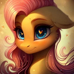 Size: 1536x1536 | Tagged: safe, derpibooru exclusive, editor:zealousmagician, imported from derpibooru, prompter:zealousmagician, fluttershy, pegasus, pony, ai content, ai generated, blue eyes, bust, curly mane, ear fluff, ears back, female, g4, generator:purplesmart.ai, generator:stable diffusion, heart, heart eyes, long mane, looking at you, mare, portrait, simple background, smiling, smiling at you, solo, sparkly eyes, wingding eyes, yellow background