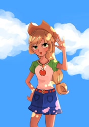 Size: 1400x2000 | Tagged: safe, artist:madokakoaki, imported from derpibooru, applejack, human, equestria girls, applejack's hat, belt, clothes, cloud, cowboy hat, cowgirl, cute, denim, denim skirt, female, freckles, hat, jackabetes, open mouth, shirt, skirt, sky, solo, stetson, t-shirt, waving