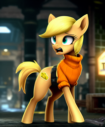 Size: 1280x1536 | Tagged: safe, imported from derpibooru, leon, pony, ai assisted, ai content, ai generated, ashley graham, blonde mane, blonde tail, cheese, clothes, danger, detailed background, female, food, frightened, generator:fluffusion, generator:stable diffusion, gun, handgun, help, help me, helpless, imminent death, mare, meme, parody, pistol, ponified, reaching, reference, reference to another series, resident evil, resident evil 4, scared, solo, sweater, tail, turtleneck, weapon