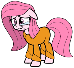 Size: 521x480 | Tagged: safe, artist:noi kincade, imported from derpibooru, oc, oc only, oc:annisa trihapsari, earth pony, pony, clothes, crying, disappointed, earth pony oc, female, floppy ears, jail, long hair, long mane, mare, prison, prison outfit, sad, simple background, solo, transparent background