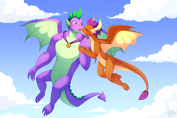 Size: 1620x1080 | Tagged: safe, artist:scarlet-spectrum, imported from derpibooru, smolder, spike, dragon, blushing, cheek kiss, cloud, dragoness, duo, eyes closed, female, flying, gigachad spike, kissing, male, medal, older, older spike, open mouth, shipping, sky background, spolder, straight, winged spike, wings
