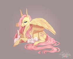 Size: 1424x1148 | Tagged: safe, artist:luuny-luna, imported from derpibooru, fluttershy, pony, rabbit, animal, gray background, lying down, prone, quadrupedal, simple background, solo
