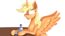 Size: 1920x1080 | Tagged: safe, artist:jbond, imported from derpibooru, applejack, alicorn, pony, alcohol, female, glowing, glowing eyes, horn, mare, race swap, simple background, solo, table, vodka, white background