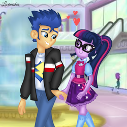 Size: 1400x1400 | Tagged: safe, artist:mlplary6, imported from derpibooru, flash sentry, sci-twi, twilight sparkle, human, equestria girls, duo focus, female, flashlight, glasses, heart, holding hands, looking at each other, looking at someone, love, male, mall, romantic, sci-twi outfits, sciflash, shipping, smiling, smiling at each other, straight, walking