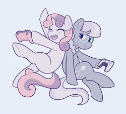 Size: 2400x2160 | Tagged: safe, artist:evelili, imported from derpibooru, silver spoon, sweetie belle, earth pony, pony, unicorn, controller, duo, eyes closed, happy, looking back, open mouth, open smile, playstation, playstation 5, simple background, smiling