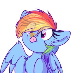 Size: 2000x2000 | Tagged: safe, artist:lbrcloud, imported from derpibooru, rainbow dash, pegasus, pony, behaving like a dog, bust, cross-eyed, cute, eye clipping through hair, eyebrows, eyebrows visible through hair, female, food, licking, mare, peanut butter, portrait, silly, simple background, solo, tongue out, white background