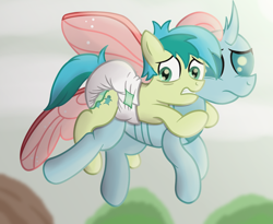 Size: 2800x2291 | Tagged: safe, artist:sweetielover, imported from derpibooru, ocellus, sandbar, changedling, changeling, earth pony, pony, acrophobia, diaper, diaper fetish, duo, female, fetish, flying, hug on the neck, male, non-baby in diaper, sky, wings