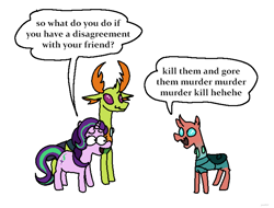 Size: 2208x1680 | Tagged: safe, artist:punkittdev, imported from derpibooru, starlight glimmer, thorax, changedling, changeling, pony, unicorn, celestial advice, dialogue, female, king thorax, male, mare, simple background, speech bubble, trio, white background