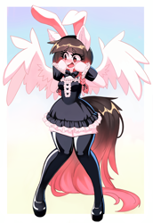 Size: 1752x2552 | Tagged: safe, artist:saikoot, imported from derpibooru, oc, oc:arwencuack, anthro, pegasus, arm hooves, bunny ears, bunny suit, clothes, cute, dress, female, mare, shy, socks, solo, thigh highs