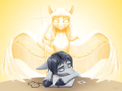 Size: 1920x1440 | Tagged: safe, artist:klarapl, imported from derpibooru, oc, oc only, angel pony, original species, pegasus, pony, angel, book, colored hooves, cross, duo, gray coat, gray mane, guardian angel, guarding, rosary, sleeping, standing over, unshorn fetlocks