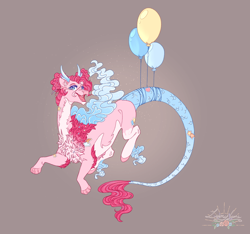 Size: 1512x1413 | Tagged: safe, artist:luuny-luna, imported from derpibooru, pinkie pie, draconequus, balloon, draconequified, pinkonequus, simple background, solo, species swap