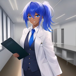 Size: 1024x1024 | Tagged: safe, editor:jesterofdestiny, generator:anything v5, imported from derpibooru, minuette, human, ai content, ai generated, anime style, clothes, dark skin, dentist, folder, humanized, lab coat, necktie, ponytail, smiling, solo, vest