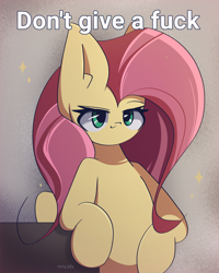 Size: 1800x2250 | Tagged: safe, artist:miryelis, imported from derpibooru, fluttershy, pegasus, pony, big ears, long hair, meme, signature, simple background, smiling, smug, solo, sparkles, swearing, text, vulgar