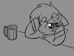 Size: 544x412 | Tagged: safe, artist:wenni, imported from derpibooru, oc, oc only, oc:whinny, pony, bitcoin, grayscale, looking at you, monochrome, mug, one eye open, solo