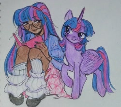 Size: 1624x1440 | Tagged: safe, artist:dulcesilly, imported from derpibooru, twilight sparkle, alicorn, human, pony, blackwashing, clothes, dark skin, duo, female, glasses, human ponidox, humanized, kneesocks, looking at each other, looking at someone, mare, self paradox, self ponidox, smiling, smiling at each other, socks, traditional art, twilight sparkle (alicorn), twolight