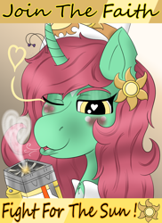 Size: 800x1100 | Tagged: safe, artist:gray star, imported from derpibooru, oc, oc:minty shine (graystar), oc:shotglass, breezie, classical unicorn, pony, unicorn, fallout equestria, blushing, cloven hooves, cultist, curved horn, ear piercing, earring, fallout equestria:all things unequal (pathfinder), female, freckles, heart, heart eyes, horn, inquisitor, jewelry, laser pistol, leonine tail, lip gloss, lips, piercing, poster, propaganda, solo, sun's of celestia, tail, unshorn fetlocks, wingding eyes