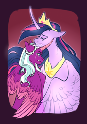 Size: 1876x2660 | Tagged: safe, artist:djkaskan, imported from derpibooru, opaline arcana, twilight sparkle, alicorn, ghost, pony, undead, the last problem, spoiler:g5, crown, crying, curved horn, eyeshadow, g4, g5, gritted teeth, headcanon, headcanon in the description, horn, hug, jewelry, makeup, older, older twilight, opaline arcana is twilight's daughter, peytral, princess twilight 2.0, regalia, teeth, twilight sparkle (alicorn), winghug, wings