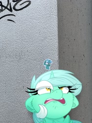 Size: 1536x2048 | Tagged: safe, artist:lbrcloud, imported from derpibooru, photographer:snowy_bluee, lyra heartstrings, pony, unicorn, disgusted, faic, floppy ears, irl, photo, ponies in real life, reference in the description, solo, sticker, wall