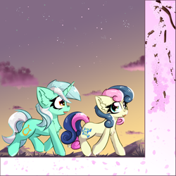 Size: 2000x2000 | Tagged: safe, artist:jubyskylines, imported from derpibooru, bon bon, lyra heartstrings, sweetie drops, earth pony, pony, unicorn, cherry blossoms, duo, flower, flower blossom, stars, twilight (astronomy)