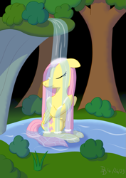 Size: 849x1200 | Tagged: safe, artist:darkdabula, imported from derpibooru, fluttershy, bush, forest, solo, tree, water, waterfall, waterfall shower, wood