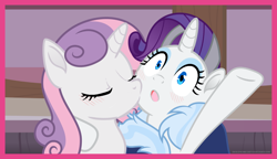 Size: 1858x1071 | Tagged: safe, artist:cold-blooded-twilight, artist:dolenore, edit, imported from derpibooru, rarity, sweetie belle, pony, unicorn, blushing, cheek kiss, eyes closed, eyeshadow, female, incest, kissing, lesbian, makeup, mare, older, older rarity, older sweetie belle, open mouth, photo, raribelle, raricest, shipping, siblings, sisters