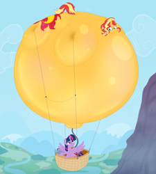 Size: 2160x2400 | Tagged: safe, artist:necrofeline, imported from derpibooru, sunset shimmer, twilight sparkle, alicorn, balloon pony, inflatable pony, pony, unicorn, air inflation, air tank, belly, belly button, big belly, bingo wings, blimp, blushing, female, floating, helium inflation, helium tank, hose, hot air balloon, huge belly, impossibly large belly, inflation, mare, outie belly button, smiling, spherical inflation, sunballoon shimmer, sweat, thighs, thunder thighs, twilight sparkle (alicorn)