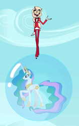 Size: 720x1146 | Tagged: safe, artist:misterlolrus, edit, imported from derpibooru, princess celestia, alicorn, demon, pony, bubble, charlie morningstar, crossover, crown, female, floating, g4, hazbin hotel, hoof shoes, in bubble, jewelry, mare, profile, raised hoof, regalia, simple background, sky, smiling, soap bubble, solo, transparent background, trapped, vector