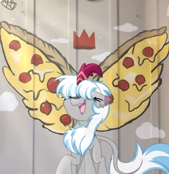 Size: 1983x2048 | Tagged: safe, artist:lbrcloud, imported from derpibooru, oc, oc only, oc:windshear, kirin, pony, crown, eyes closed, food, graffiti, irl, kirin oc, photo, pizza, ponies in real life, reference in the description, regalia, smiling, solo, wings