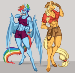 Size: 1722x1683 | Tagged: safe, artist:saltyserpent, imported from derpibooru, applejack, rainbow dash, anthro, earth pony, pegasus, unguligrade anthro, abs, applejacked, bleeding, blood, clothes, cowboy hat, duo, duo female, female, front knot midriff, gloves, hand wraps, hat, midriff, multicolored hair, muscles, rainbuff dash, short hair, shorts, simple background, smiling, sports bra, standing, stetson