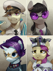 Size: 3130x4210 | Tagged: safe, artist:cadillac-dynamite, imported from derpibooru, octavia melody, princess platinum, rarity, oc, oc:valery stablein, bat pony, earth pony, pegasus, unicorn, equestria at war mod, bat ponified, bust, clothes, crown, fake horn, female, glasses, hat, jewelry, male, necktie, ponified, portrait, race swap, regalia, the new order: last days of europe, tno, uniform, valery sablin, vinyl's glasses