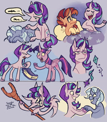 Size: 2300x2600 | Tagged: safe, artist:disaterror, imported from derpibooru, starlight glimmer, sunburst, trixie, twilight sparkle, alicorn, pony, unicorn, bed, book, curved horn, eyes closed, female, grin, horn, kite, male, mare, s5 starlight, smiling, staff, staff of sameness, stallion, this will end in equalization, twilight sparkle (alicorn)