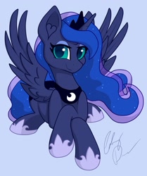 Size: 2999x3594 | Tagged: safe, artist:gleamydreams, imported from derpibooru, princess luna, alicorn, pony, blue background, cute, hoof shoes, lidded eyes, looking at you, lunabetes, lying down, prone, simple background, smiling, solo, spread wings, wings