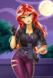 Size: 888x1300 | Tagged: safe, alternate version, artist:racoonsan, color edit, edit, editor:drakeyc, imported from derpibooru, sunset shimmer, human, undead, vampire, costume conundrum, equestria girls, equestria girls series, spoiler:eqg series (season 2), breasts, busty sunset shimmer, clothes, costume, equestria girls edit, female, gloves, halloween, halloween costume, holiday, looking at you, pants, ripped pants, skin color edit, smiling, solo, torn clothes, vampire shimmer