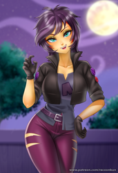 Size: 888x1300 | Tagged: safe, alternate version, artist:racoonsan, color edit, edit, editor:drakeyc, imported from derpibooru, sunset shimmer, human, undead, vampire, costume conundrum, equestria girls, equestria girls series, spoiler:eqg series (season 2), breasts, busty sunset shimmer, clothes, colored, costume, equestria girls edit, fangs, female, gloves, halloween, halloween costume, holiday, looking at you, pants, ripped pants, skin color edit, smiling, solo, torn clothes, vampire shimmer, wig