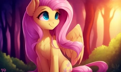 Size: 1280x768 | Tagged: safe, generator:ponydiffusion, imported from derpibooru, fluttershy, pegasus, pony, ai content, ai generated, cute, folded wings, forest background, generator:purplesmart.ai, generator:stable diffusion, green eyes, looking to the right, pink hair, shyabetes, sitting, smiling, solo, spread wings, wings